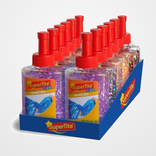 COLA CONFETTI  SUPERTITE BOTE de 80ml SURTIDO EXPOSITOR de 12