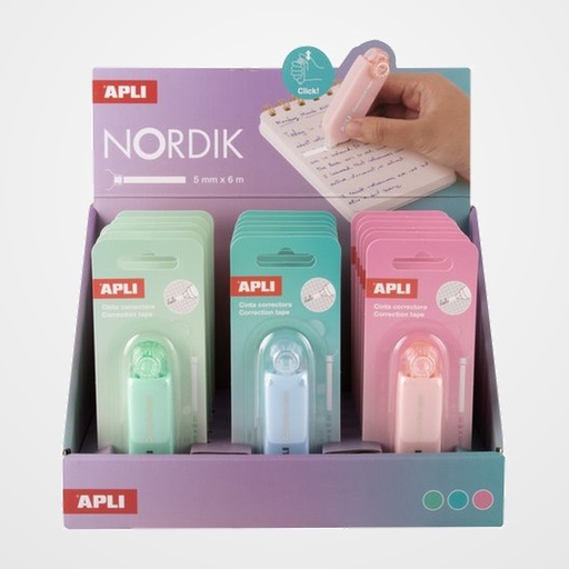 CORRECTOR CINTA APLI NORDIK RETRACTIL 6m x 5mm EXPOSITOR de 18 (3 col.)