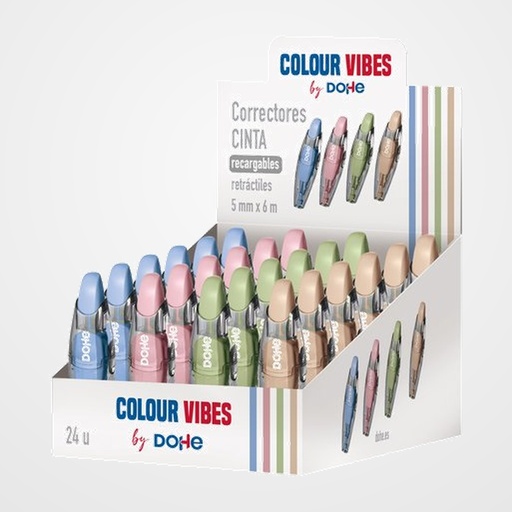 CORRECTOR CINTA DOHE COLOUR VIBES RECARGABLE RETRACTIL 5 mm x 6 m SURTIDO EXPOSITOR DE 24