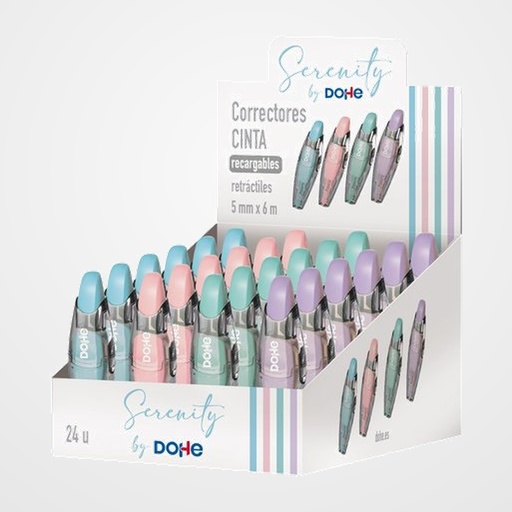 CORRECTOR CINTA DOHE SERENITY RECARGABLE RETRACTIL 5 mm x 6 m SURTIDO EXPOSITOR DE 24