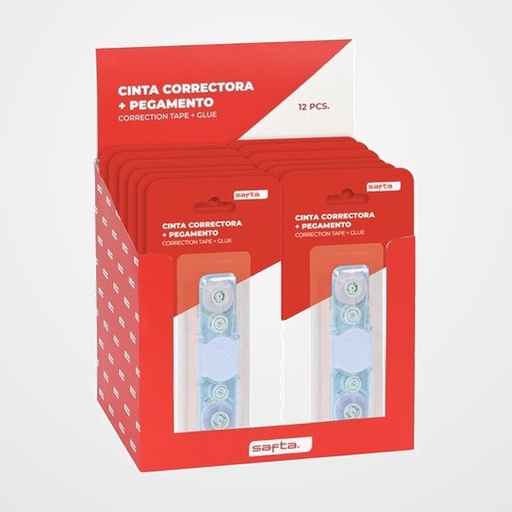 CORRECTOR CINTA SAFTA RETRACTIL + PEGAMENTO EXPOSITOR DE 12