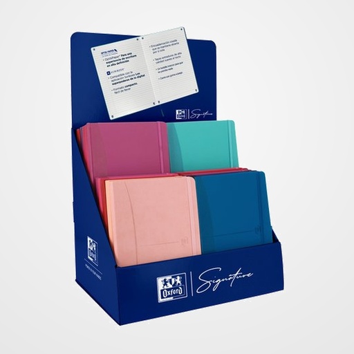 CUADERNO OXFORD SIGNATURE tapa EXTRA A5 SURTIDO EXPOSITOR DE 20 5x 400163613 HORIZONTAL COL.VIVOS 5x 400163615 LISO COL.VIVOS 5x 400163616 LISO COL. PASTEL 5x 400154948 DOTS TURQUESA