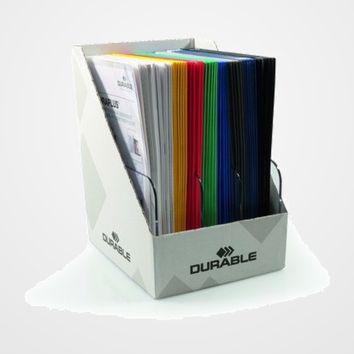 DOSIER FASTENER 2690 TRANSPARENTE  CLEAR VIEW  EXPOSITOR de 70 10 uds de color negro, blanco, rojo, azul oscuro y 5 unidades de color amarillo, verde, azul claro, naranja, lila y rosa oscuro