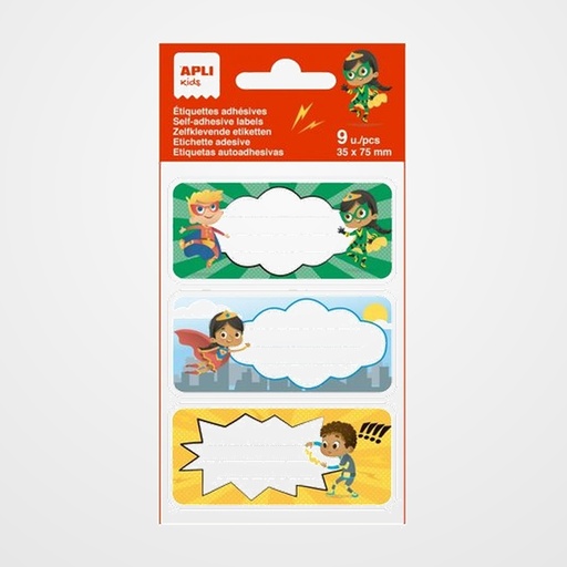 ETIQUETA ESCOLAR APLI 75x35 SUPER HEROES BLISTER DE 9