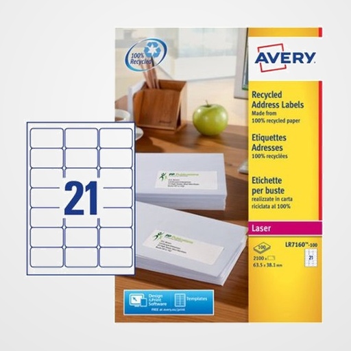 ETIQUETAS ADH.IMPR.AVERY A4 BLANCA RECICLADA LASER 63.5x38.1 mm CAJA 15h. 315 uds.