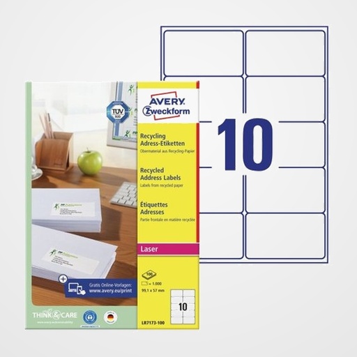 ETIQUETAS ADH.IMPR.AVERY A4 BLANCA RECICLADA LASER 99.1x57 mm CAJA 15h. 150 uds.