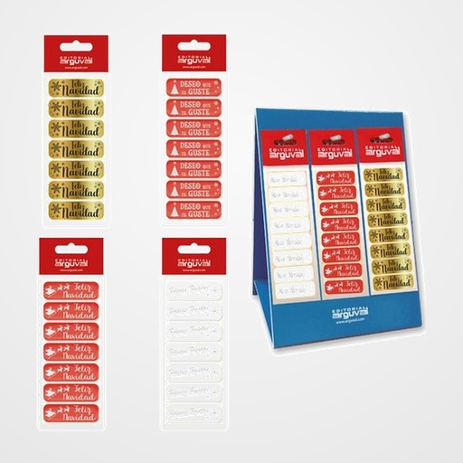 ETIQUETAS REGALO ADH. HOLOGRAFICAS BLISTER 16 uds. 45x15 NAVIDAD SURTIDO EXPOSITOR DE 160