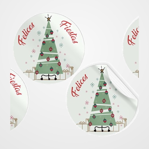 ETIQUETAS REGALO ADH. ROLLO  250 uds. REDONDAS Ø 40 NAVIDAD  FELICES FIESTAS  ARBOL