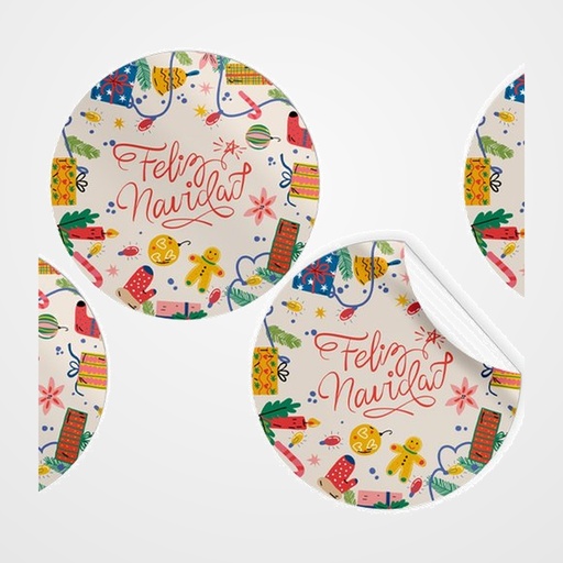 ETIQUETAS REGALO ADH. ROLLO  250 uds. REDONDAS Ø 40 NAVIDAD  FELIZ NAVIDAD  DETALLES