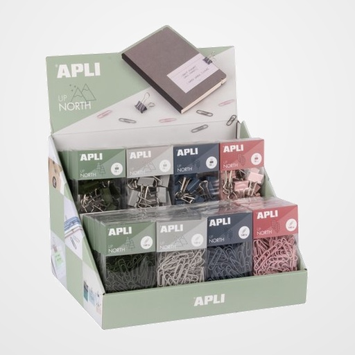 EXPOSITOR APLI OFFICE UP NORTH COLLECTION 16x CLIPS 28mm C/140u (4 col. Surt.) 16x PINZAS DE PALA 19mm C/14u (4 col. Surt.)