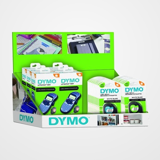 EXPOSITOR DYMO LETRATAG SOBREMESA DE 26 6x 2174576 MAQUINA LT100-H 10x S0721660 CINTA PLASTICO 4m 12mm NEGRO sobre BLANCO 10x S0721510 CINTA PAPEL 4m 12mm NEGRO sobre BLANCO