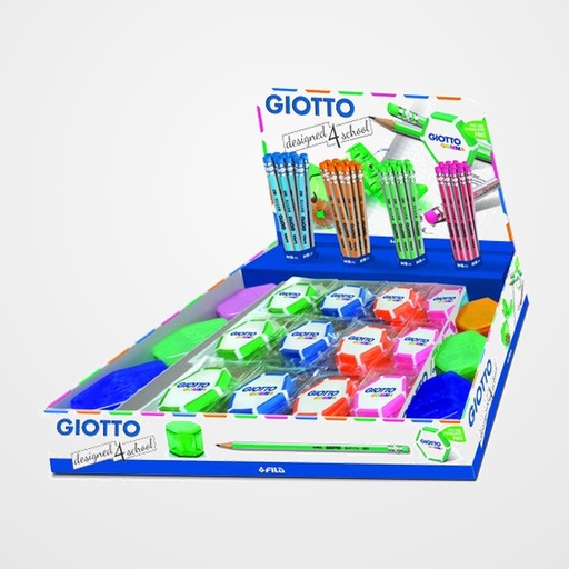 EXPOSITOR GIOTTO MATITA/GOMMA 102 UNIDADES 48x 233200 LAP.GRAFITO MATITA HB C/GOMA 48x 233300 GOMA DE BORRAR GOMMA  6x 023000 AFILA UNIVERSAL 3 AGUJEROS