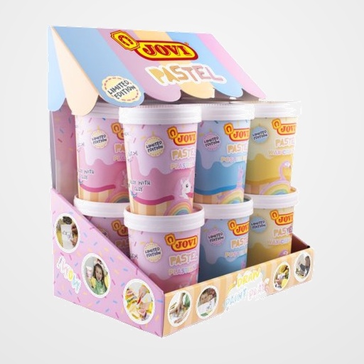 EXPOSITOR JOVI PASTEL SURTIDO 12 UNIDADES 4x WAX CRAYONS (6 ceras, sacapuntas, goma, mantel y cuaderno actividades) 4x PLASTILINA (7 barras plastilina, 2 moldes, mantel y cuaderno actividades) 4x POSTER PAINT (7 temperas, pincel, mantel y cuaderno actividades)