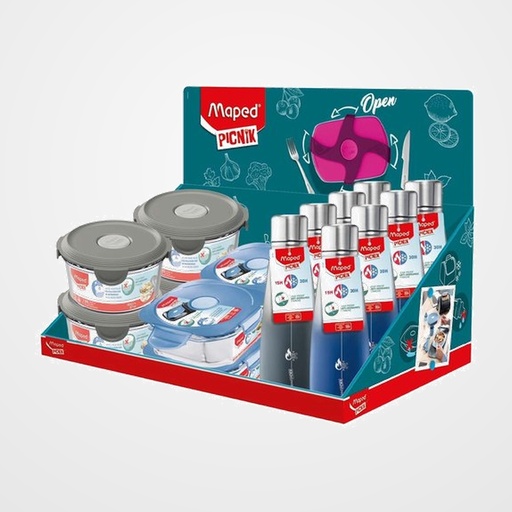 EXPOSITOR MAPED PICNIK ADULTO MIXTO SURTIDO DE 16 2x 871103 BOTELLA ACERO INOXIDABLE 500 ML AZUL 2x 871105 BOTELLA ACERO INOXIDABLE 500 ML GRIS 2x 870503 CONCEPT LONCHERA PICNIK ADULT VIDRIO AZUL 2x 875905 RECIPIENTE CRISTAL VALIDO MICRO Y HORNO GRIS