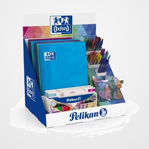 EXPOSITOR OXFORD EUROPEANBOOK&PELIKAN SURTIDO DE 116 10x EU.BOOK 5 20x CORRECTOR FANCY ROLLER 20x GOMA 50x HANG STICK FANCY 12x LAPIZ GRAFITO 4x SET TEXTMARKER MARIPOSA