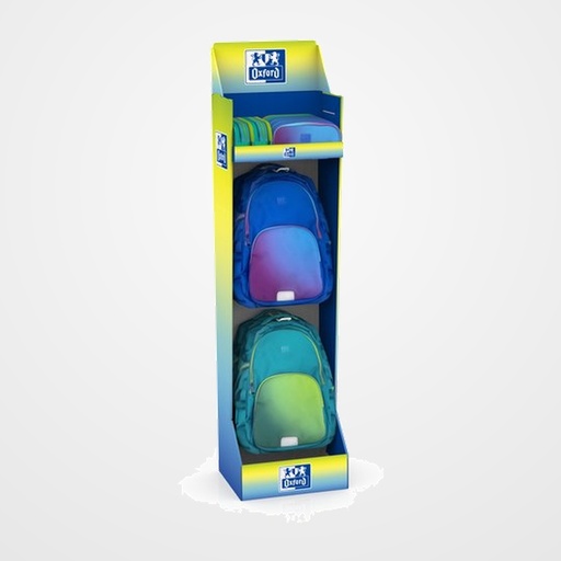 EXPOSITOR OXFORD GRADIENT MOCHILAS Y PORTATODOS SURTIDO de 10 1 x 400208161 Contenido expositor (400204120 x 2, 400204121 x 2, 400204527 x 3 y 400204322 x 3) 1 x 400196573 (Carton expositor vacío)