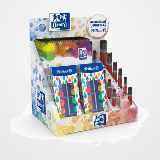 EXPOSITOR OXFORD/PELIKAN PINTURA SURTIDO DE 122 10x BLOC ACUARELA OXFORD 10x ACUARELA PELIKAN F355 12 coL. 102x PINCEL PONY PELIKAN SURTIDO