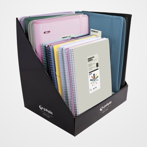 EXPOSITOR SURTIDO GRAFOPLAS MULTIPRODUCTO EXPOSITOR 18 6x Maxiplas 6x carpebook 6x cuadernos Fº