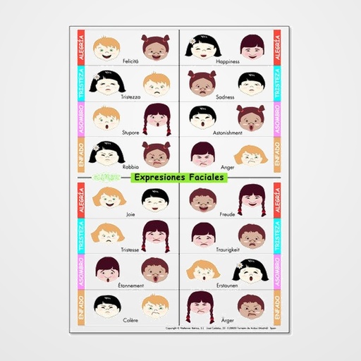 FICHAS  KLUGER EXPRESIONES FACIALES en varios idiomas PACK DE 5