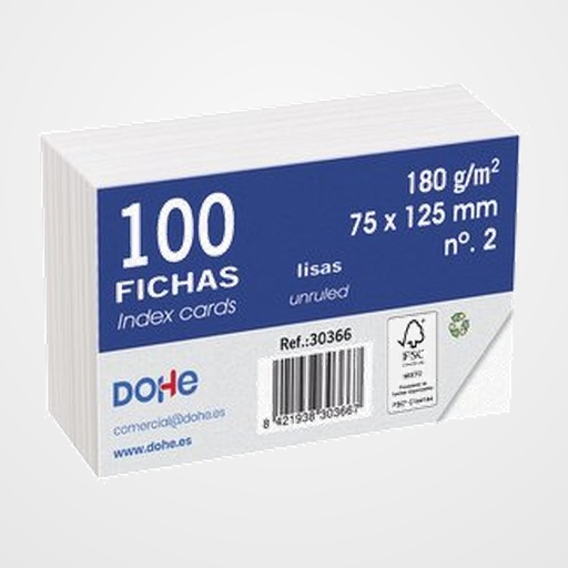 FICHAS DOHE LISAS  75x125mm (Nº2) paquete de 100