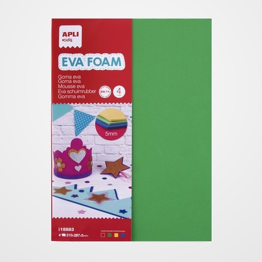 GOMA EVA  APLI HOJA 21x30 cm (A4) 5 mm. BOLSA 4 colores