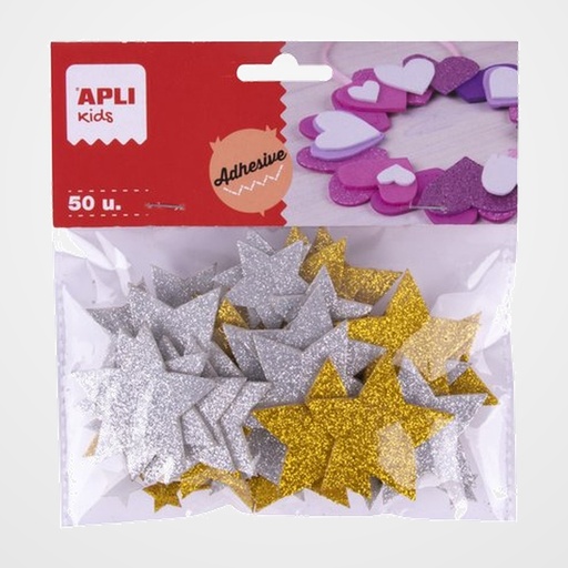 GOMA EVA APLI FORMAS ADHESIVAS con PURPURINA ESTRELLAS ORO Y PLATA BOLSA de 50