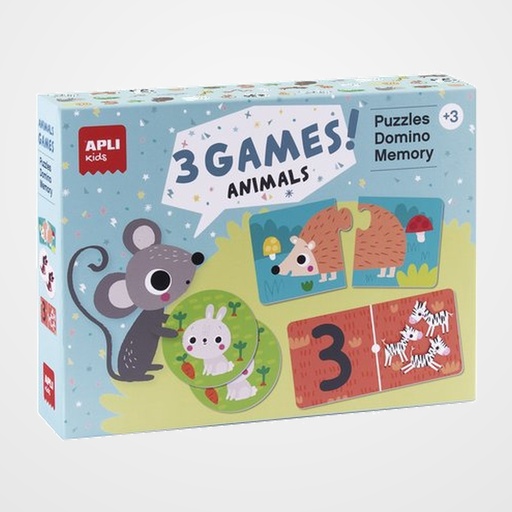 JUEGO EDUCATIVO APLI KIDS PUZLE, DOMINO Y MEMORY (3 EN 1) ANIMALES