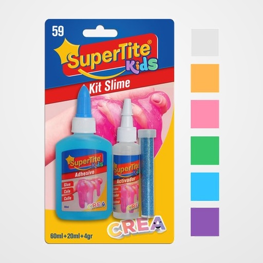 JUEGO SUPERTITE SLIME STARTER PACK KIT COMPLETO 1x PEGAMENTO 60ml 1x LIQUIDO MAGICO 20ml 1xPURPURINA COLOR