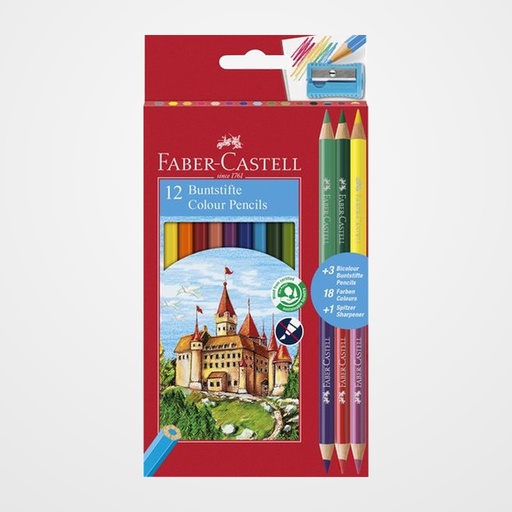 LAPICES de COLORES FABER-CASTELL  estuche de 12 + 3 BICOLOR
