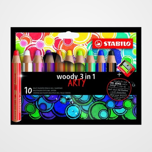LAPICES de COLORES STABILO WOODY 880 3 en 1 ARTY LINE ESTUCHE de 10 (incluye sacapuntas)