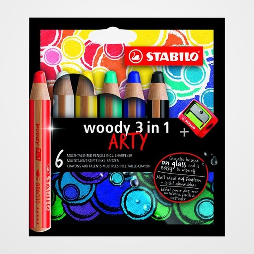 LAPICES de COLORES STABILO WOODY 880 3 en 1 ARTY LINE ESTUCHE de 6 (incluye sacapuntas)