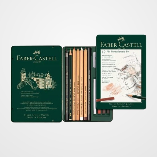 LAPIZ de GRAFITO FABER-CASTELL PITT MONOCHROME estuche METAL de 12 (surtido de carbonos, grafitos, ecolapices y tizas)
