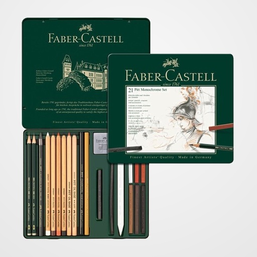 LAPIZ de GRAFITO FABER-CASTELL PITT MONOCHROME estuche METAL de 21 (surtido de carbonos, grafitos, ecolapices y tizas)