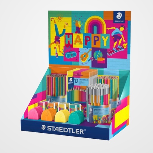 LAPIZ STAEDTLER GAMA HAPPY LINE SURTIDO EXPOSITOR de 182 72x Lapices 118 HAPPY 48x Lapices 119 HAPPY 36x Portaminas graphite 777 HAPPY 10x Lapices 146c HAPPY 8x Gomas 526 b20 HAPPY 8x Afilalapices 512 ps2 HAPPY