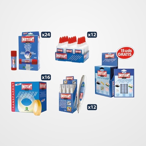LOTE ADHESIVOS INSTANT IMPRESCINDIBLES SURTIDO DE 79 24x 12311 BARRA PEGAMENTO CLASSIC 20g MEDIANA 12x 20711 COLA BLANCA ECO 100g 16x 61201 CINTA ADHESIVA TRANSPARENTE rollo 33x19 12x 90811 CORRECTOR LIQUIDO BOLIGRAFO 9 ml 15x 25101 MASILLA ADHESIVA REMOVIBLE 50g REGALO SIN GARGO