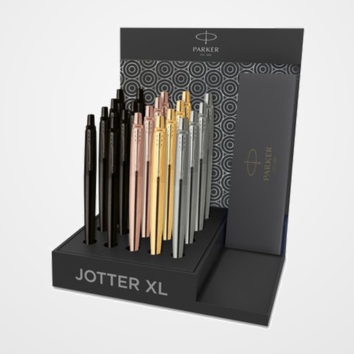 LOTE DE ESCRITURA PARKER JOTTER XL EDICION ESPECIAL MONOCROMO EXPOSITOR DE 20 8x 2122753 BOLIG. PARKER JOTTER XL MONOCROMO NEGRO 4x 2122755 BOLIG. PARKER JOTTER XL MONOCROMO ORO ROSA 4x 2122754 BOLIG. PARKER JOTTER XL MONOCROMO ORO 4x 2122756 BOLIG. PARKER JOTTER XL MONOCROMO ACERO