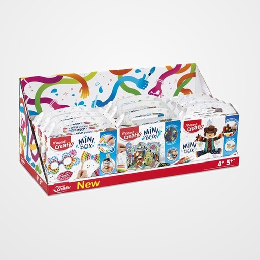 MAPED MINI BOX SURTIDO EXPOSITOR DE 12 2x907015- PEGATINAS MOSAICO 3x907031- ACUARIO PARA COLOREAR 2x907033- CAJA PARA DECORAR HILORAMA 3x907032- MONSTRUOS PARA DECORAR 2x907030- TITERE PARA DECORAR