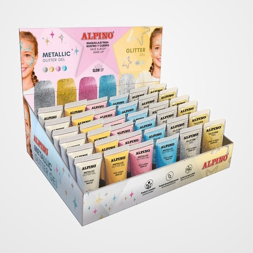 MAQUILLAJE ALPINO  GLITTER GEL EXPOSITOR de 36 24x GLITTER GEL METALICO 12x GLITTER GEL