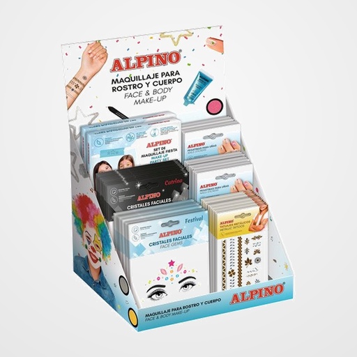 MAQUILLAJE ALPINO GAMA SUMMER SURTIDO EXPOSITOR DE 68  6x DL000630 SET CRISTALES FACIALES PRINCESS  6x DL000631 SET CRISTALES FACIALES FESTIVAL  6x DL000632 SET CRISTALES FACIALES CATRINA 18x DL000650 LAMINA METALLIC TATTOO 30x DL000640 LAMINA NAILS STICKERS  2x DL000660 KIT MAQUILLAJE GLOW UP