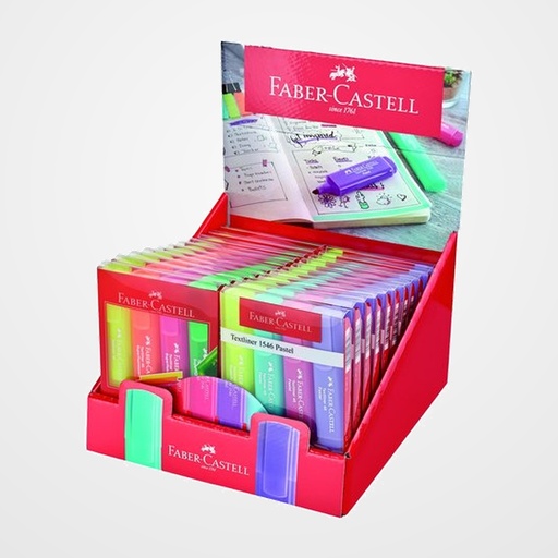 MARCADOR FLUOR FABER-CASTELL TEXTLINER 1546 ESTUCHE de 4 EXPOSITOR DE 22 (20 + 2 S/C) 10x ESTUCHE DE 4 PASTEL  1x ESTUCHE DE 4 PASTEL SIN CARGO 10x ESTUCHE DE 4 FLUOR  1x ESTUCHE DE 4 FLUOR SIN CARGO