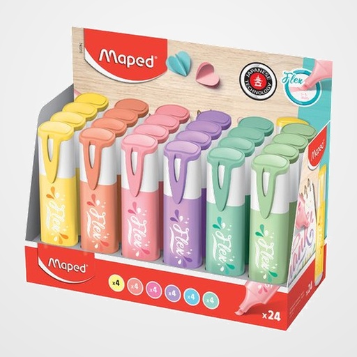 MARCADOR FLUOR MAPED FLUO PUNTA FLEX PASTEL EXPOSITOR DE 24