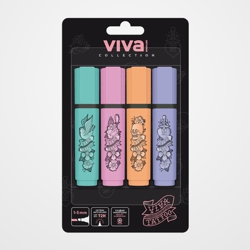 MARCADOR FLUOR MOLIN VIVA TATTO BLISTER de 4 COLORES