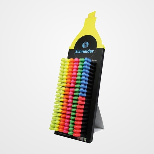 MARCADOR FLUOR SCHNEIDER JOB SURTIDO EXPOSITOR de 150 (50x amarillo, 30x verde, 30x fucsia, 20x naranja, 10x rojo, 10x azul)