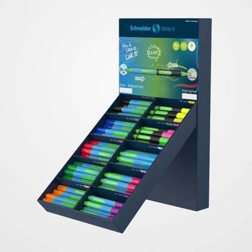 MARCADOR FLUOR SCHNEIDER LINK-IT SLIDER/HIGHLIGHTER EXPOSITOR de 100 80× LINK-IT SLIDER (10x negro, rojo, azul, verde, naranja, violeta, fucsia y azul claro) 20x LINK-IT HIGHLIGHTER (10x amarillo, 5x verde y fucsia)