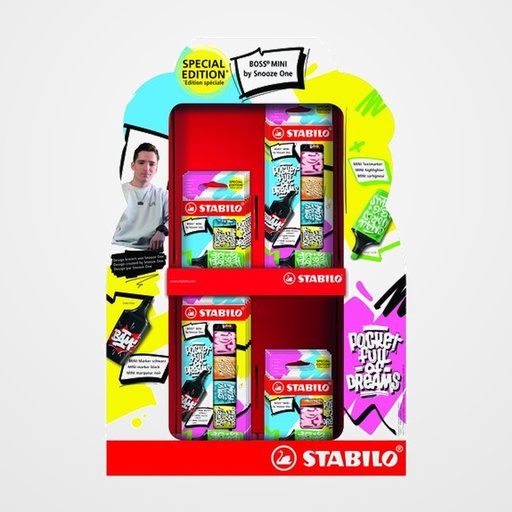 MARCADOR FLUOR STABILO BOSS MINI 07 BY SOOZE ONE EXPOSITOR DE 16 4x 07/03-61 EST.3 (verde, azul, amarillo) 4x 07/03-71 EST.3 (verde, rosa, naranja) 8x 07/06-30 EST.6