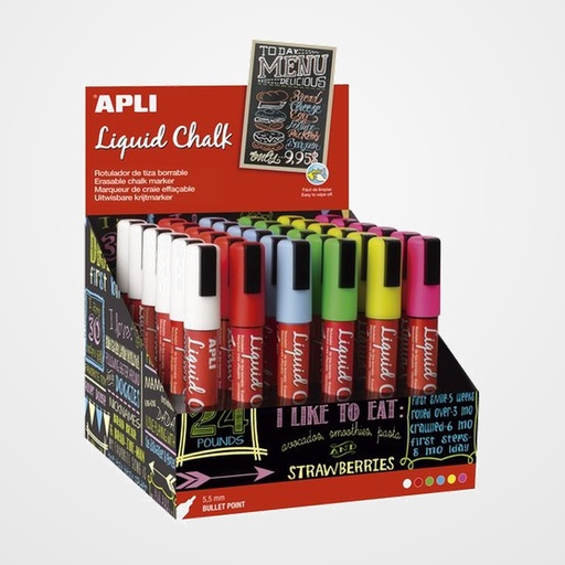MARCADOR PIZARRA APLI CHALK CONICO 5.5 mm SURTIDO EXPOSITOR de 36