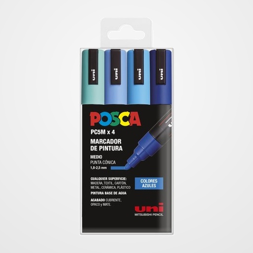 MARCADOR T.OPACA NO PERM. UNI POSCA  1,8 (PC-5M)  SURTIDO COLORES AZULES BLISTER DE 4 1x 264234000 AZUL 1x 264226000 AZUL CLARO 1x 264358000 AZUL CIELO 1x 264507000 VERDE MARINO
