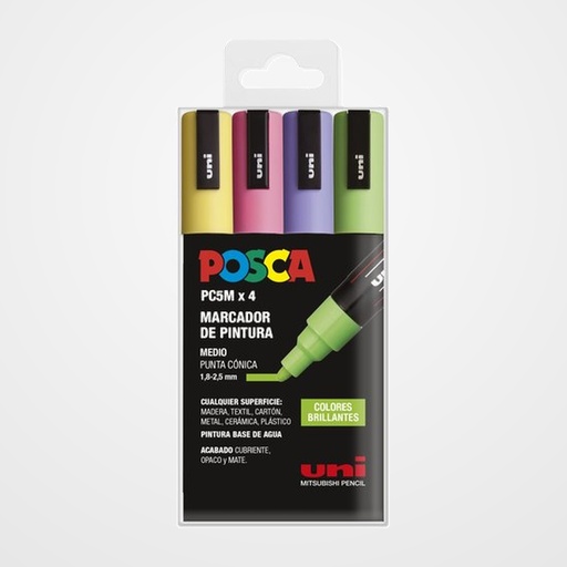 MARCADOR T.OPACA NO PERM. UNI POSCA  1,8 (PC-5M)  SURTIDO COLORES BRILLANTES BLISTER DE 4 1x 264333000 VERDE MANZANA 1x 264366000 LILA 1x 264259000 ROSA 1x 264176000 AMARILLO