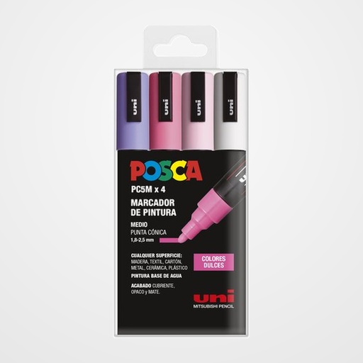 MARCADOR T.OPACA NO PERM. UNI POSCA  1,8 (PC-5M)  SURTIDO COLORES DULCES BLISTER DE 4 1x 264168000 BLANCO 1x 264259000 ROSA 1x 264374000 ROSA CLARO 1x 264366000 LILA