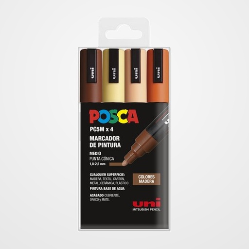 MARCADOR T.OPACA NO PERM. UNI POSCA  1,8 (PC-5M)  SURTIDO COLORES MADERA BLISTER DE 4 1x 264192000 NARANJA 1x 264275000 NARANJA CLARO 1x 264408000 AMARILLO PAJIZO 1x 264283000 MARRON